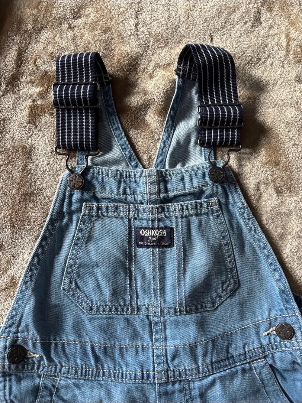 OshKosh B'gosh Light Blue Denim Short Overalls with Navy Striped Straps -
